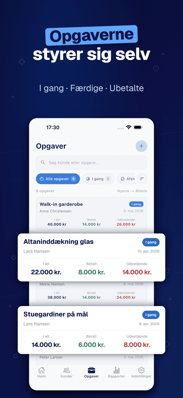 Deftera: Kundebog & Opgaver — I gang · Færdige · Ubetalte