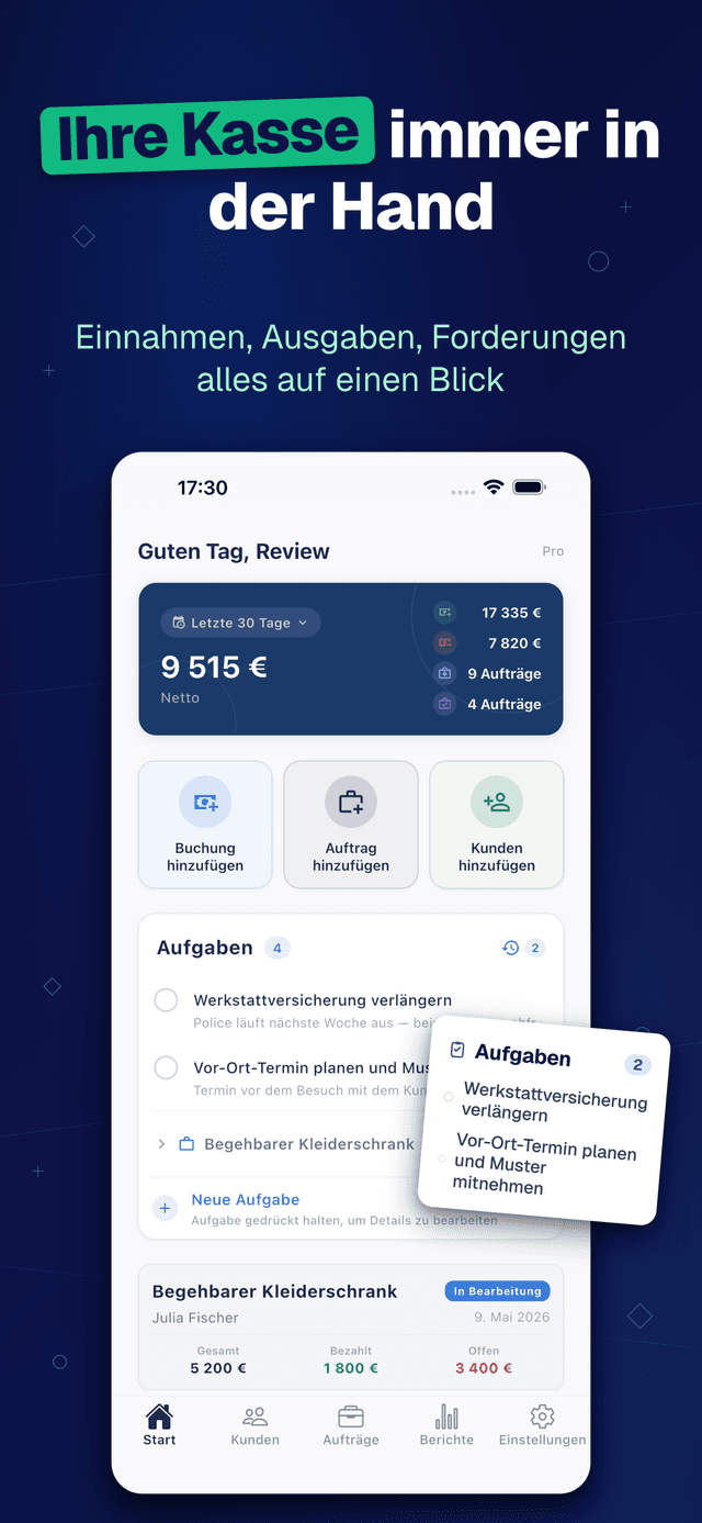 Deftera: Kundenbuch & Aufträge — Einnahmen, Ausgaben, Forderungen