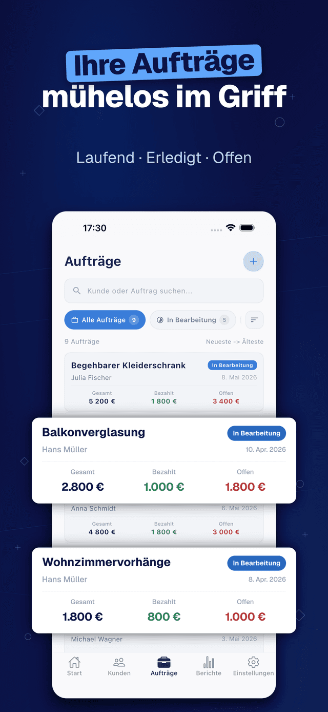 Deftera: Kundenbuch & Aufträge — Laufend · Erledigt · Offen