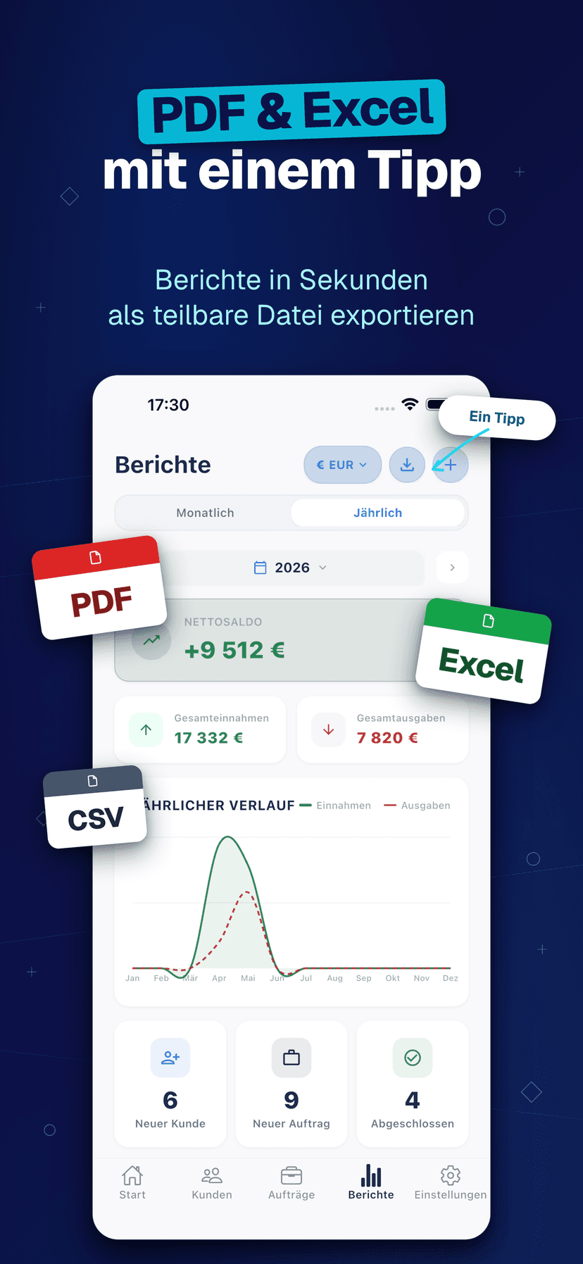 Deftera: Kundenbuch & Aufträge — PDF & Excel mit einem Tipp