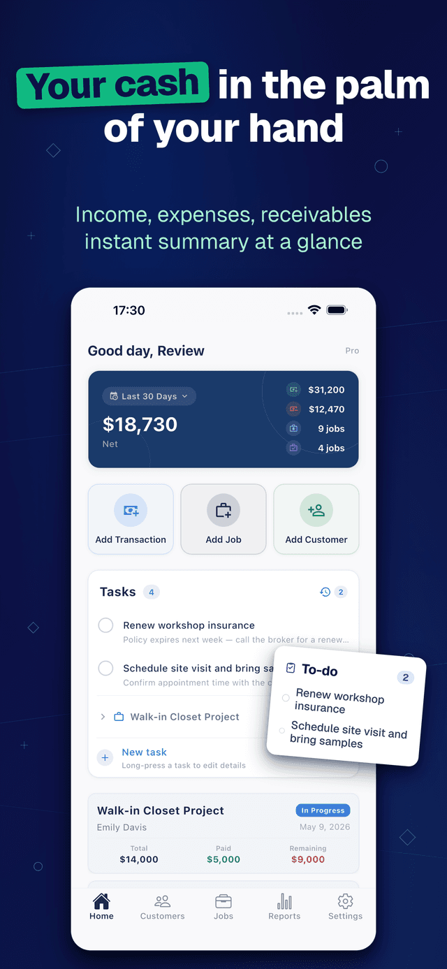 Deftera: Kundebok & Oppdrag — Income, expenses, receivables