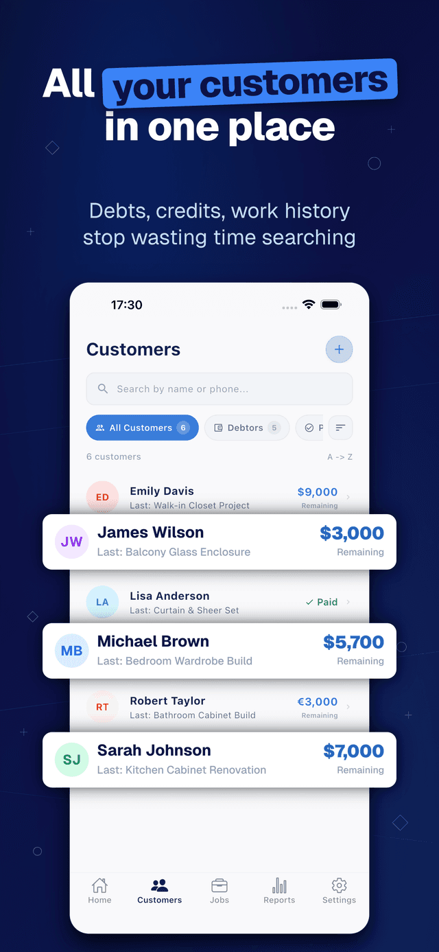 Deftera: Kundebok & Oppdrag — Debts, credits, work history