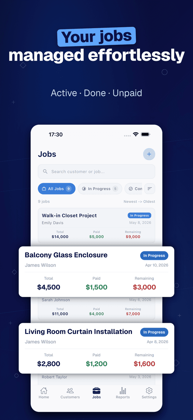 Deftera: Kundebok & Oppdrag — Active · Done · Unpaid