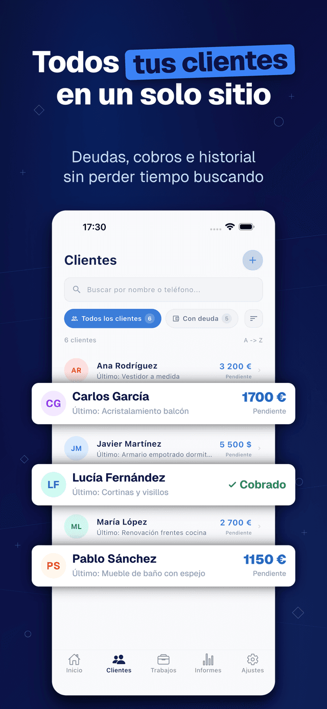 Deftera: Clientes & Trabajos — Deudas, cobros e historial