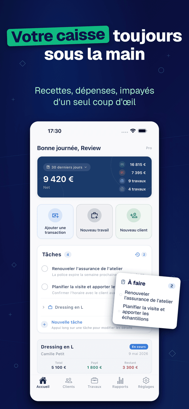 Deftera: Carnet Client Travaux — Recettes, dépenses, impayés
