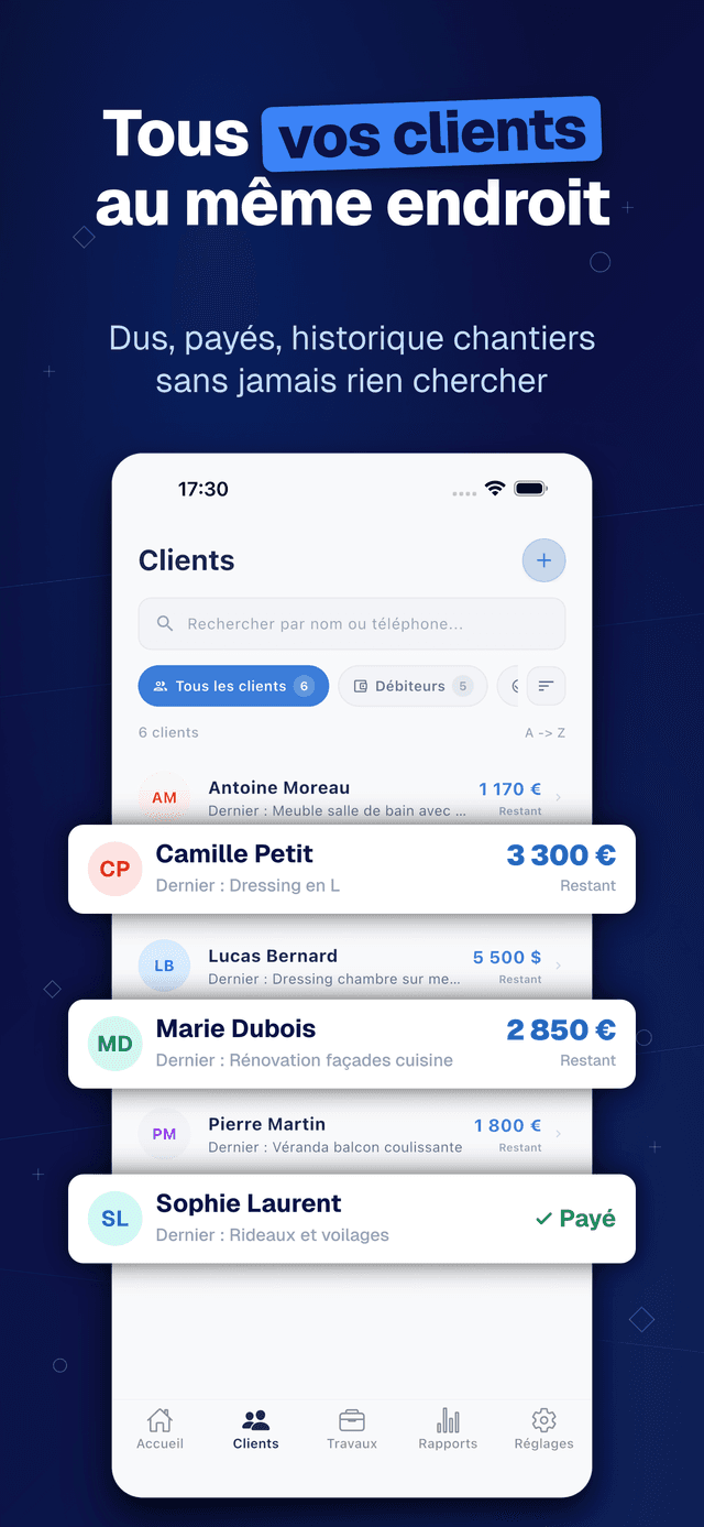 Deftera: Carnet Client Travaux — Dus, payés, historique chantiers