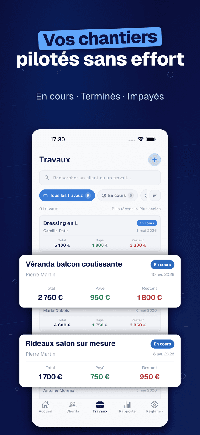 Deftera: Carnet Client Travaux — En cours · Terminés · Impayés
