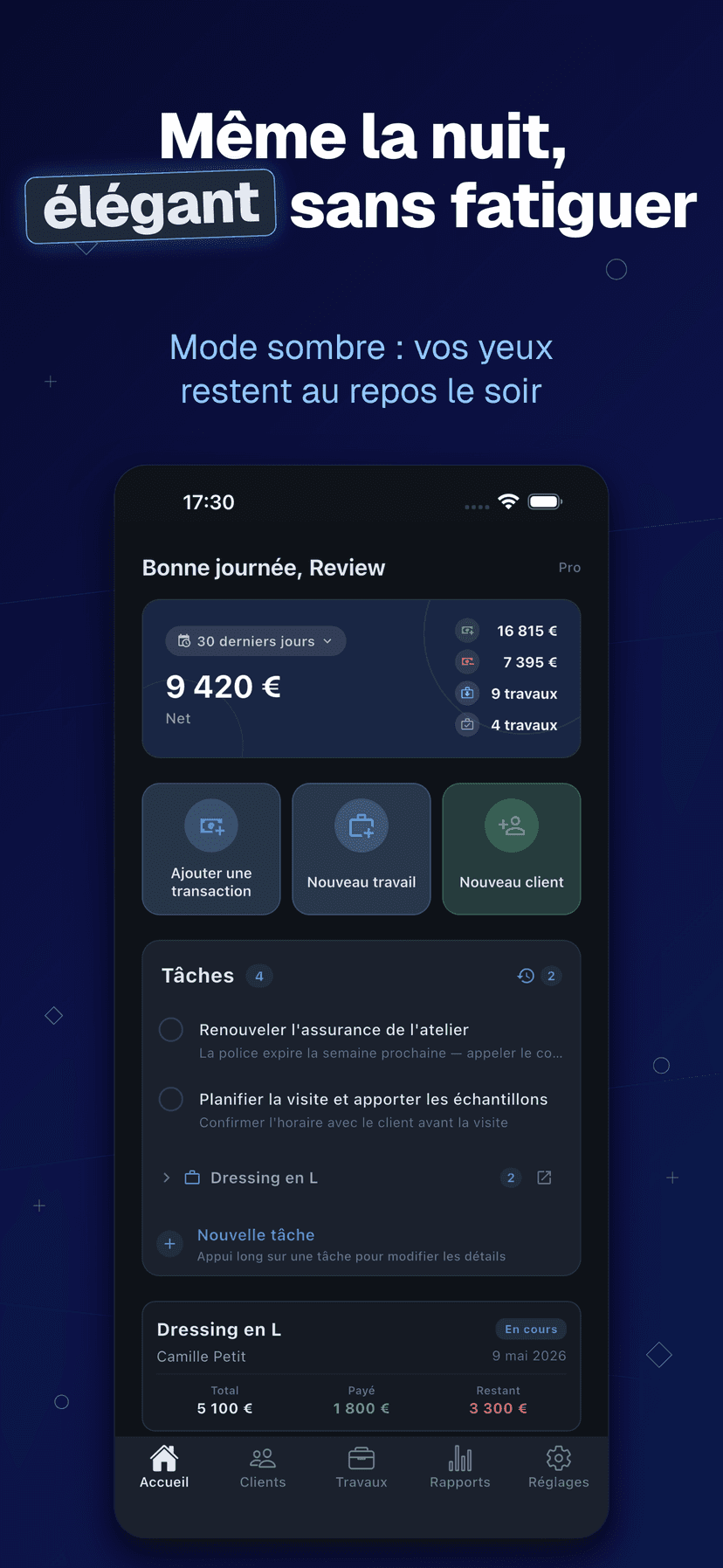 Deftera: Carnet Client Travaux — élégant sans fatiguer