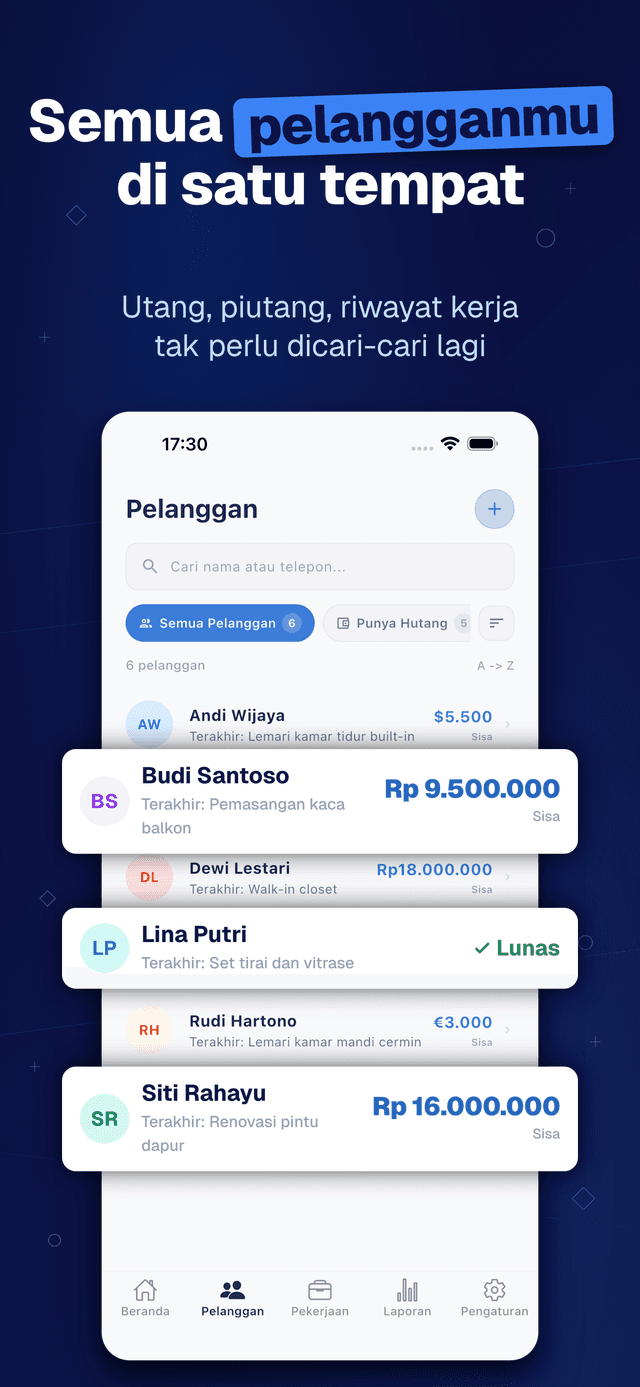 Deftera: Buku Pelanggan Tukang — Utang, piutang, riwayat kerja
