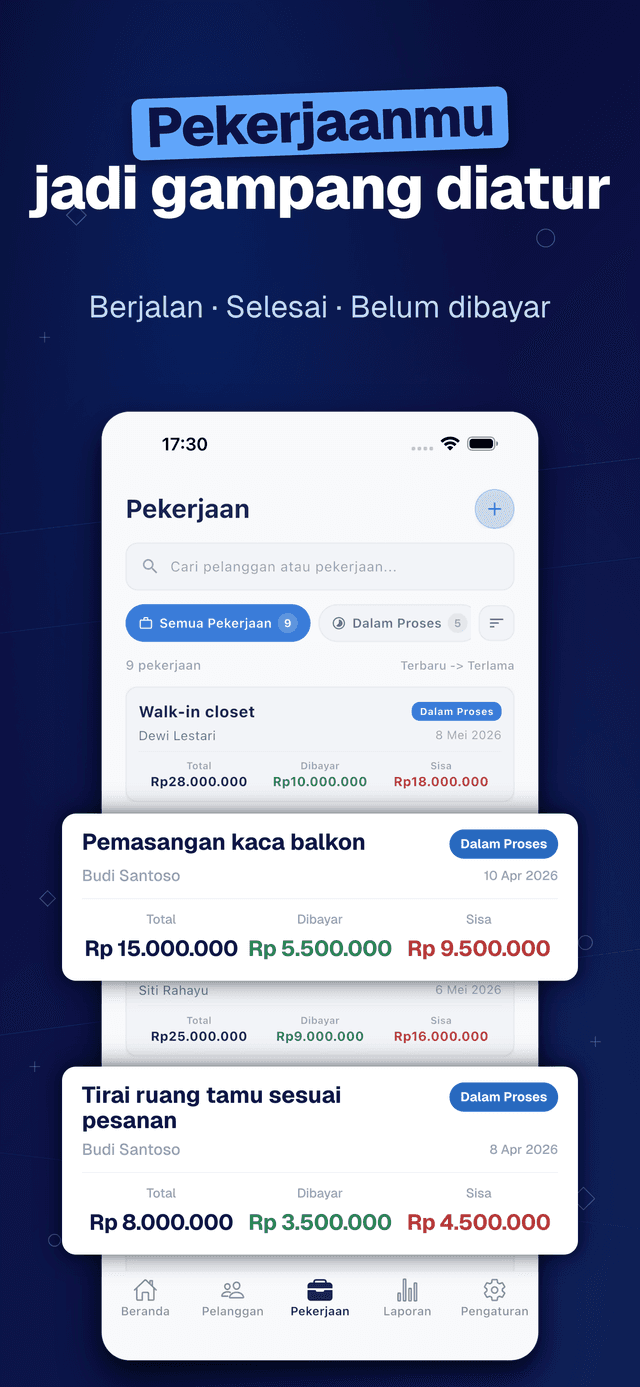 Deftera: Buku Pelanggan Tukang — Berjalan · Selesai · Belum dibayar