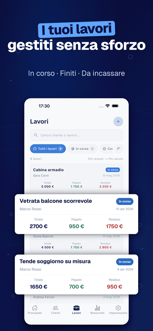 Deftera: Lavori & Clienti — In corso · Finiti · Da incassare