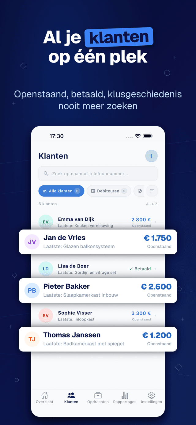 Deftera: Klanten & Opdrachten — Openstaand, betaald, klusgeschiedenis