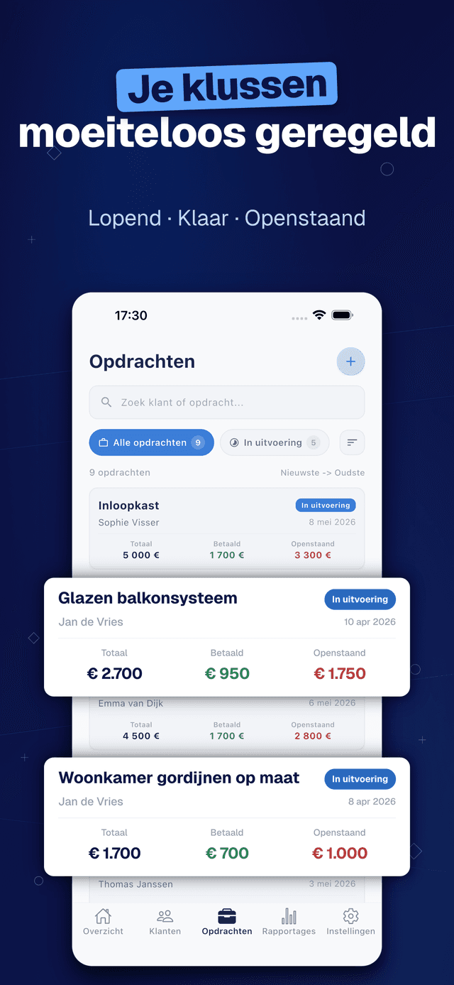 Deftera: Klanten & Opdrachten — Lopend · Klaar · Openstaand