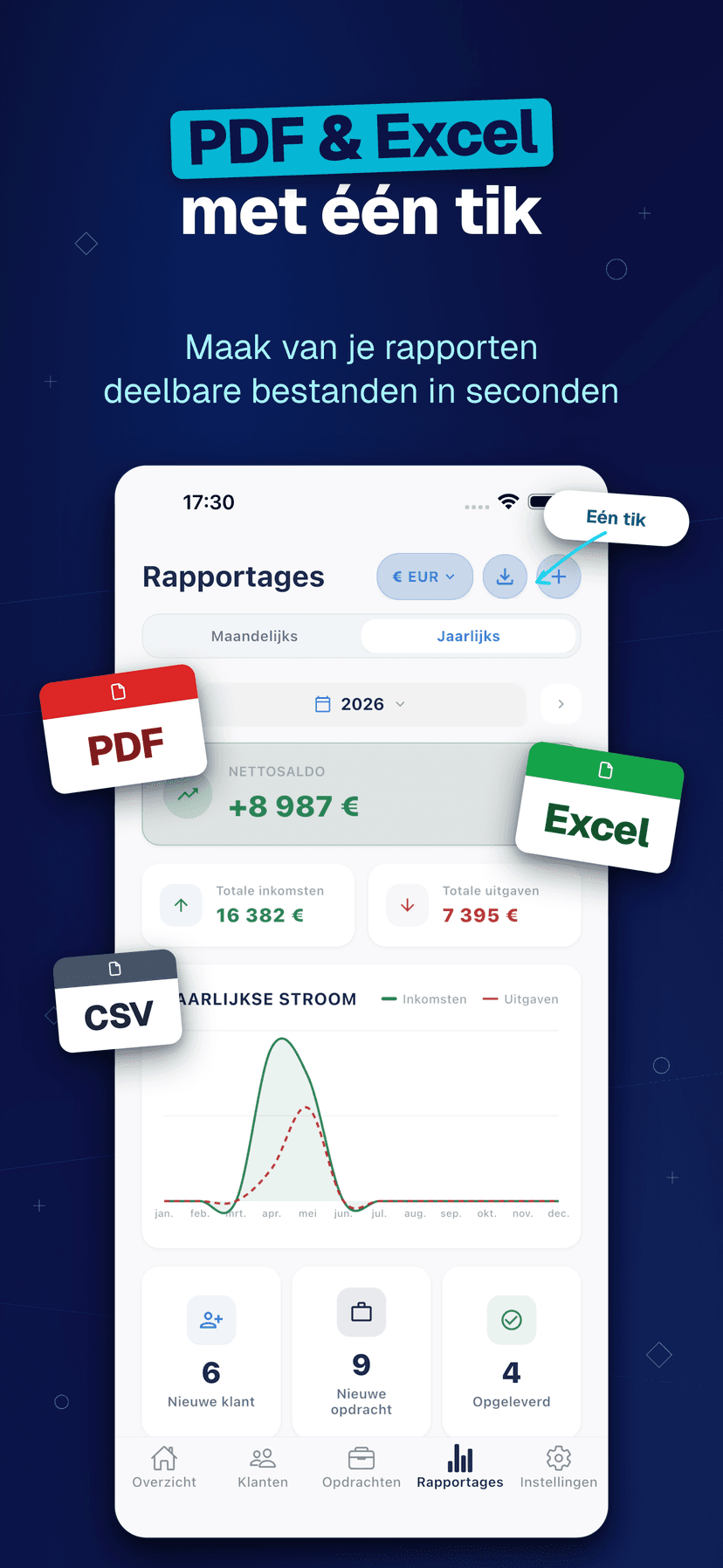 Deftera: Klanten & Opdrachten — PDF & Excel met één tik