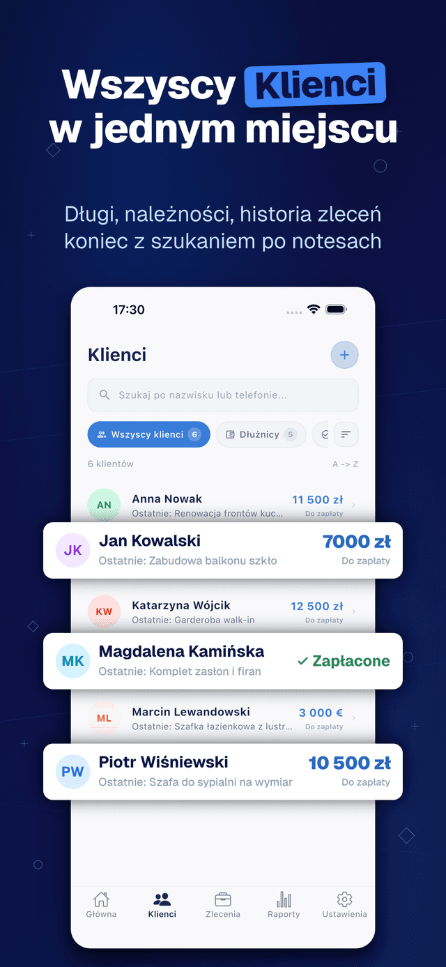 Deftera: Klienci & Zlecenia — Długi, należności, historia zleceń