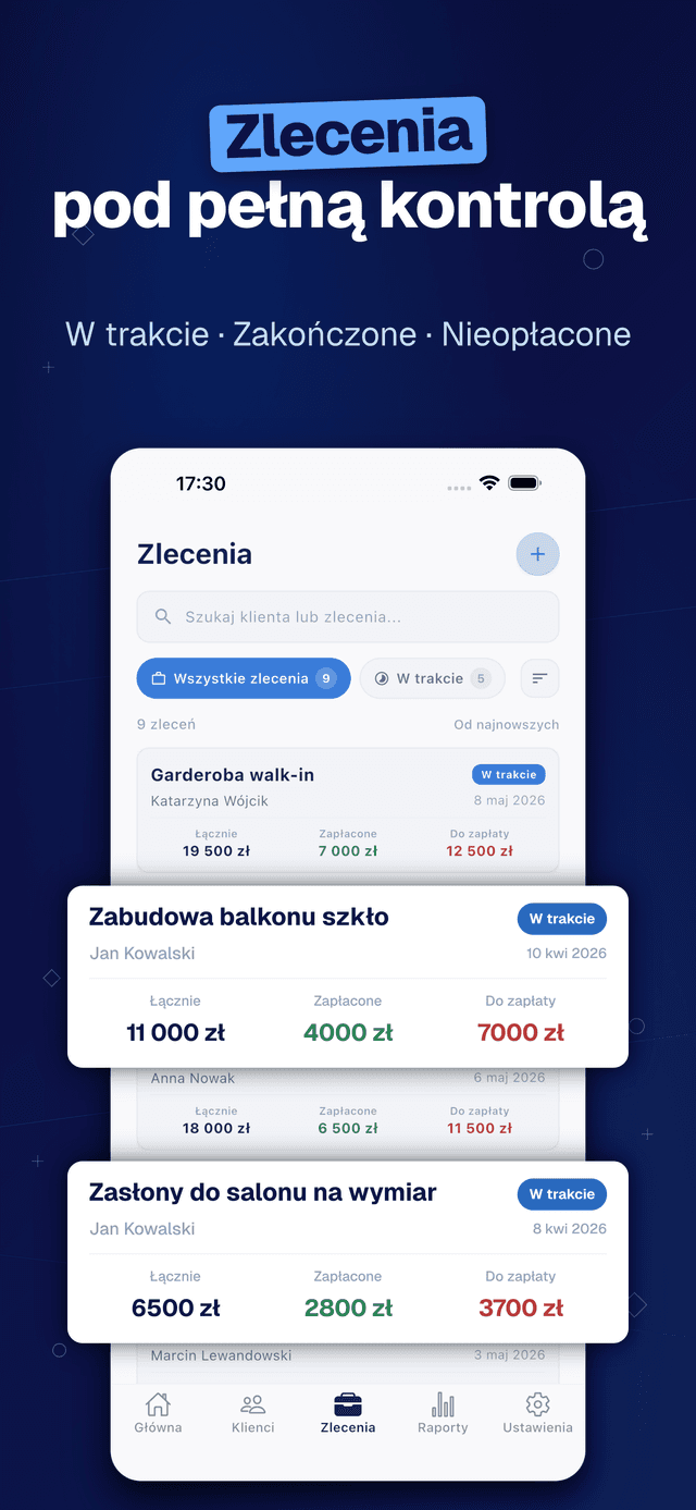 Deftera: Klienci & Zlecenia — W trakcie · Zakończone · Nieopłacone