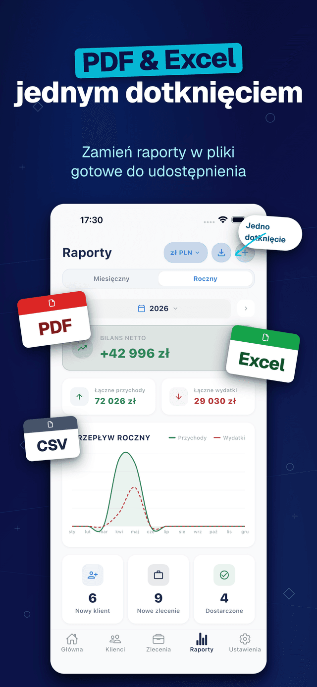 Deftera: Klienci & Zlecenia — PDF & Excel