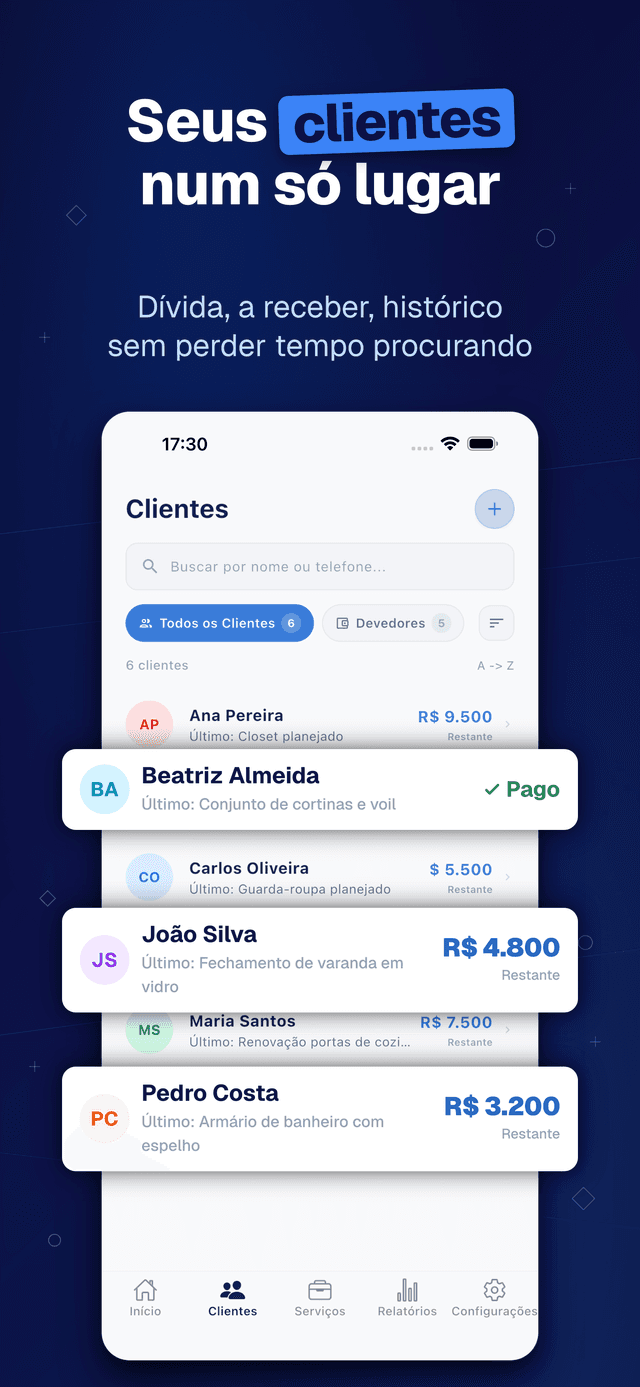Deftera: Clientes & Serviços — Dívida, a receber, histórico