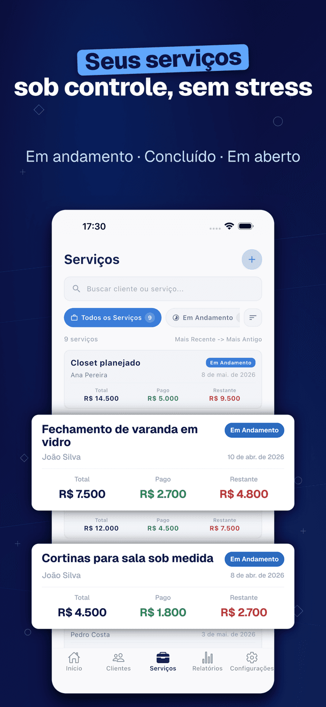 Deftera: Clientes & Serviços — Em andamento · Concluído · Em aberto