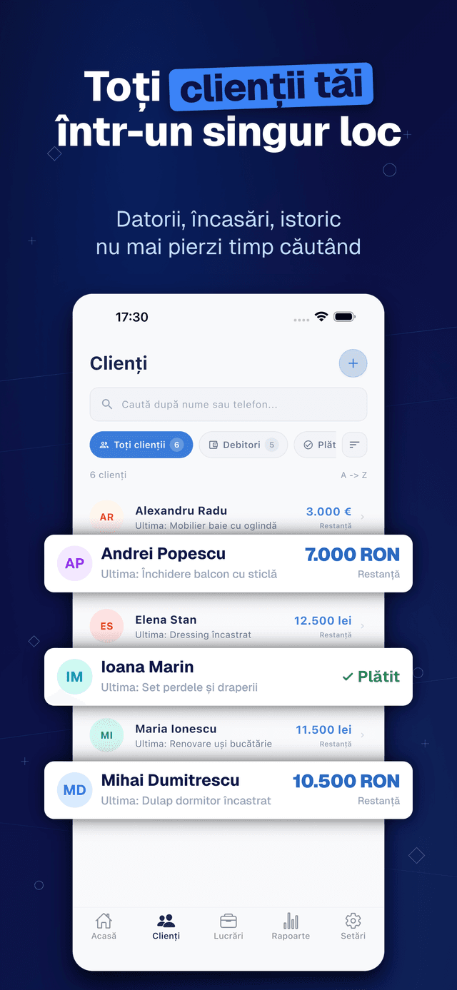 Deftera: Clienți & Lucrări — Datorii, încasări, istoric