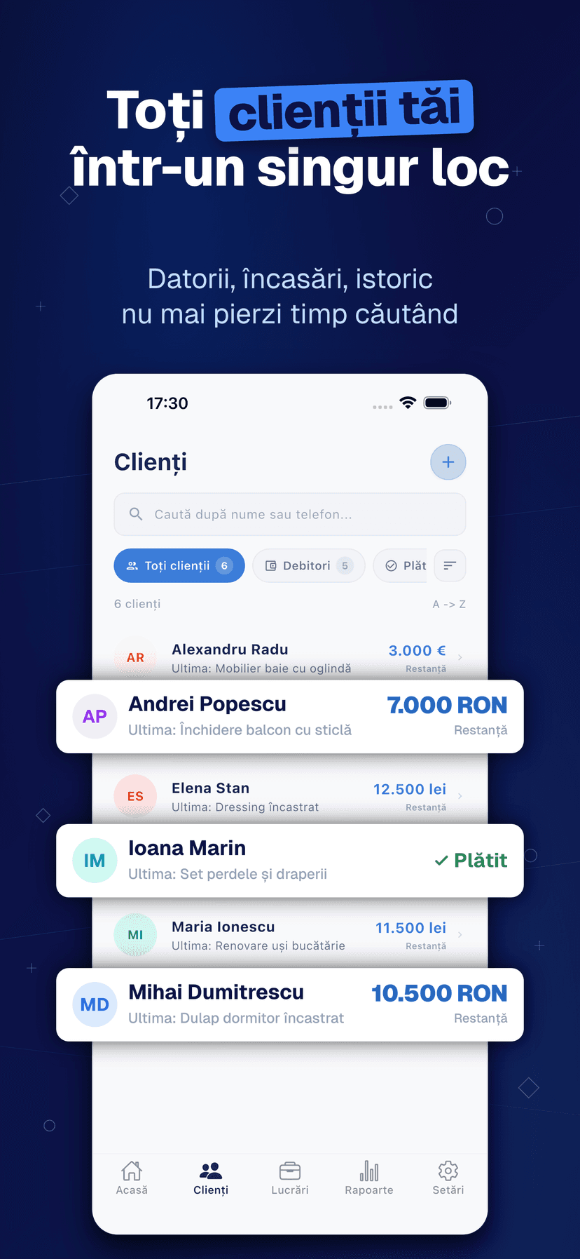 Deftera: Clienți & Lucrări — clienții tăi într-un singur loc