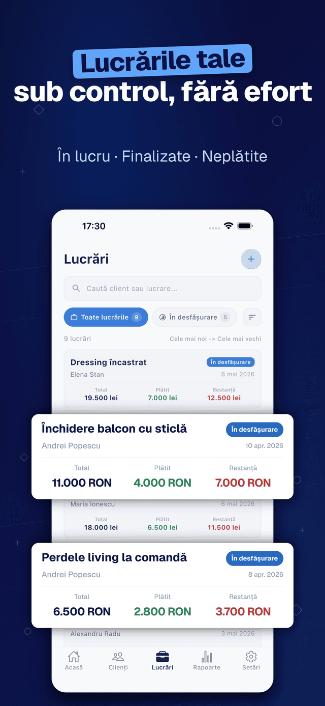 Deftera: Clienți & Lucrări — În lucru · Finalizate · Neplătite