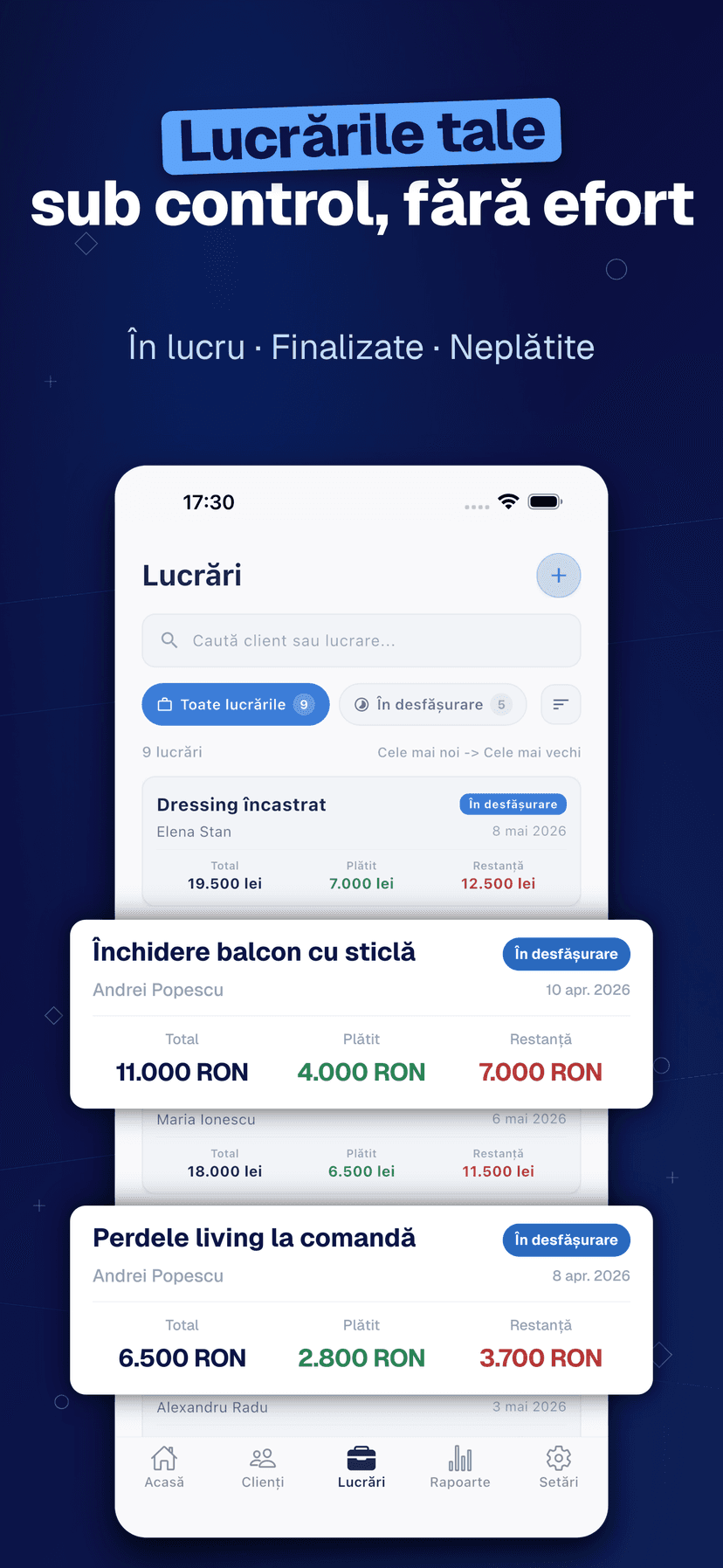 Deftera: Clienți & Lucrări — Lucrările tale sub control, fără efort