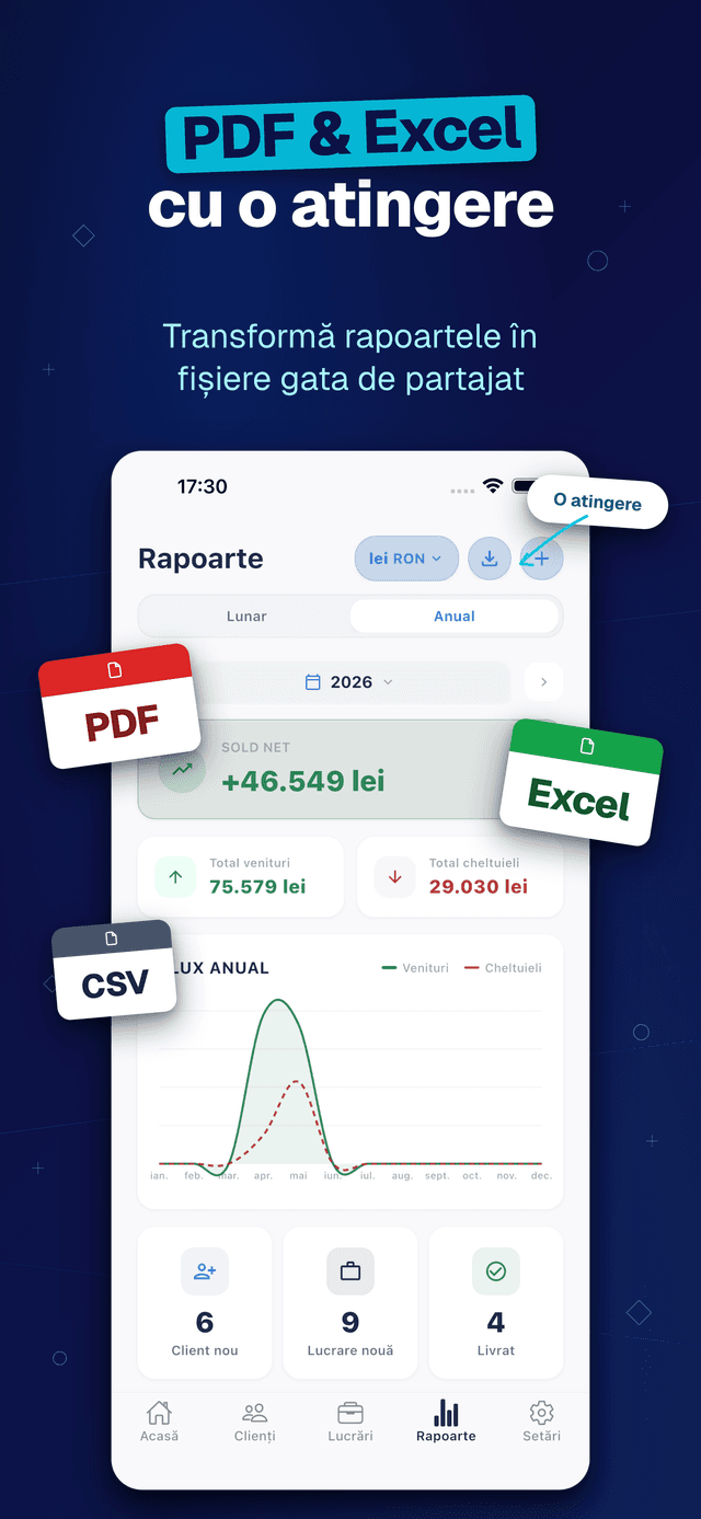 Deftera: Clienți & Lucrări — PDF & Excel