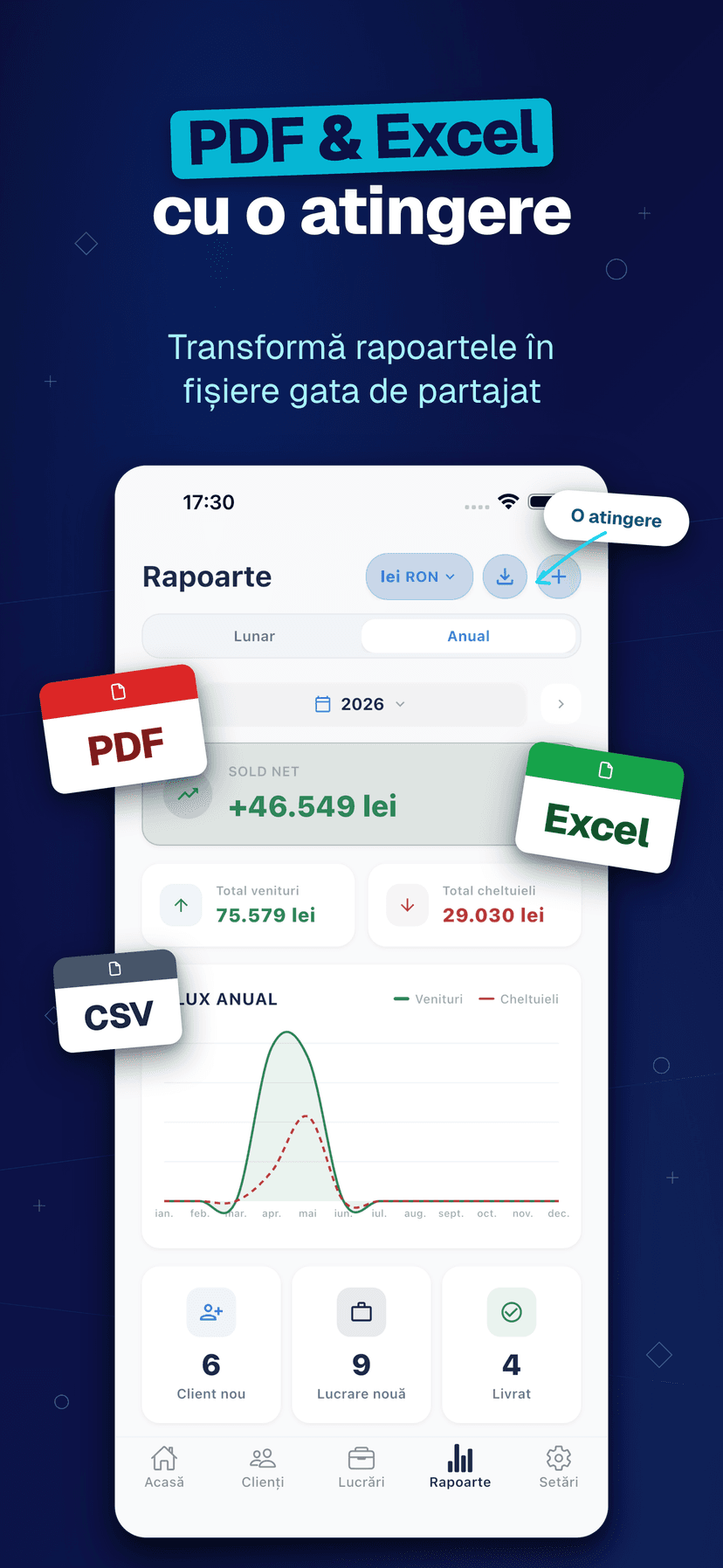 Deftera: Clienți & Lucrări — PDF & Excel cu o atingere