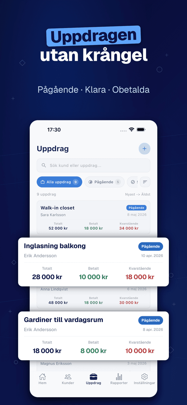 Deftera: Kundbok & Uppdrag — Pågående · Klara · Obetalda