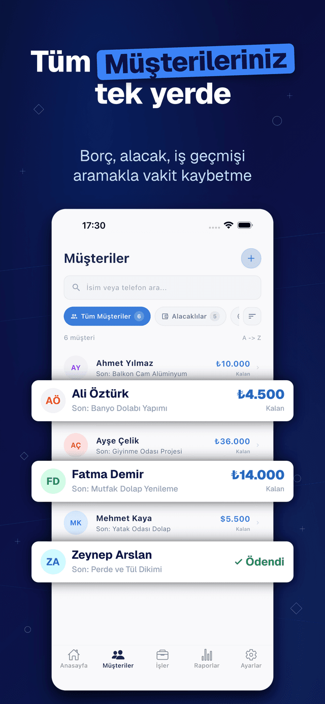 Deftera: İş & Müşteri Defteri — Borç, alacak, iş geçmişi