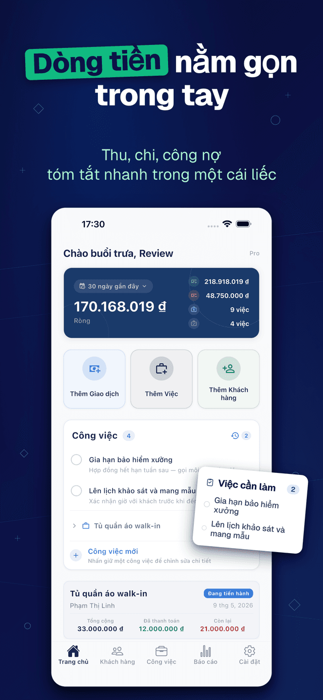 Deftera: Sổ Khách Hàng & Việc — Thu, chi, công nợ