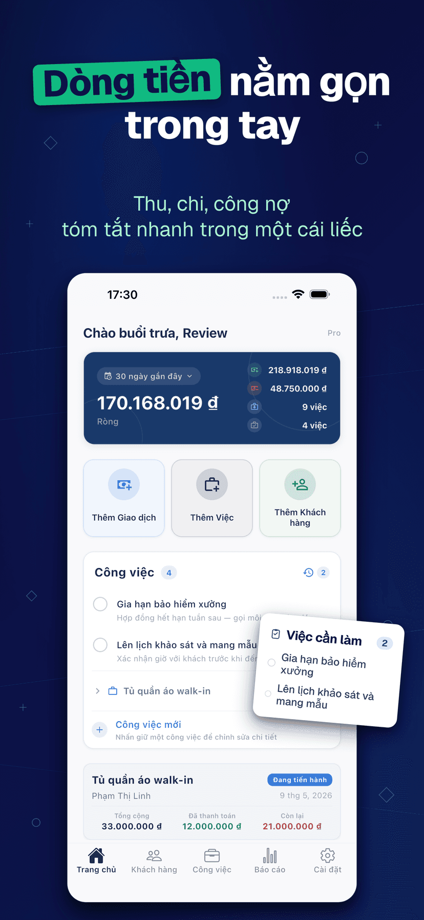 Deftera: Sổ Khách Hàng & Việc — Dòng tiền nằm gọn