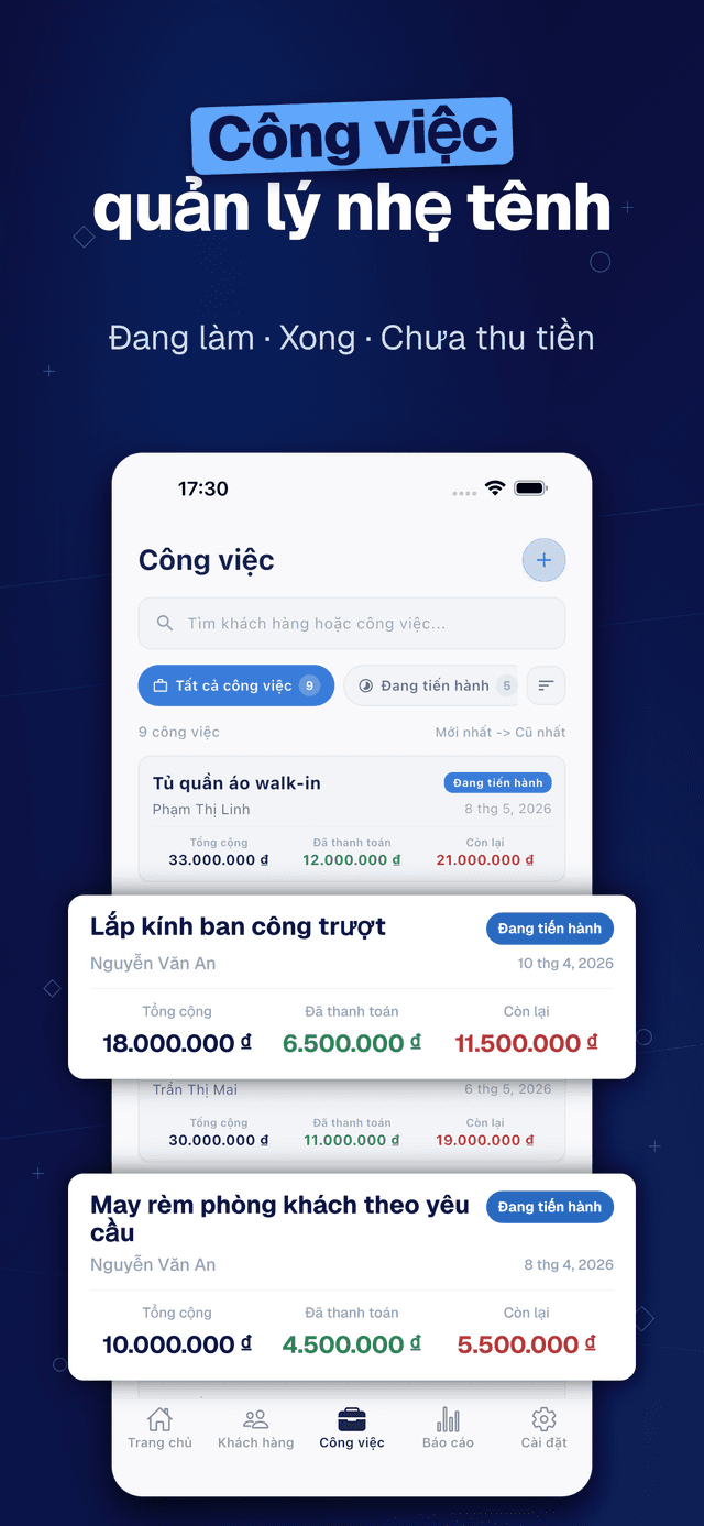 Deftera: Sổ Khách Hàng & Việc — Đang làm · Xong · Chưa thu tiền