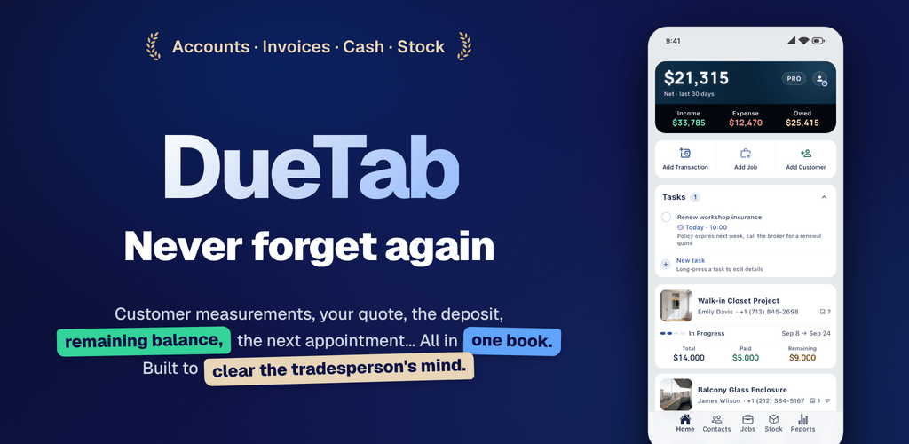 DueTab: Mobile app · iOS and Android