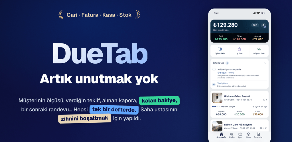 DueTab: Mobil uygulama · iOS ve Android