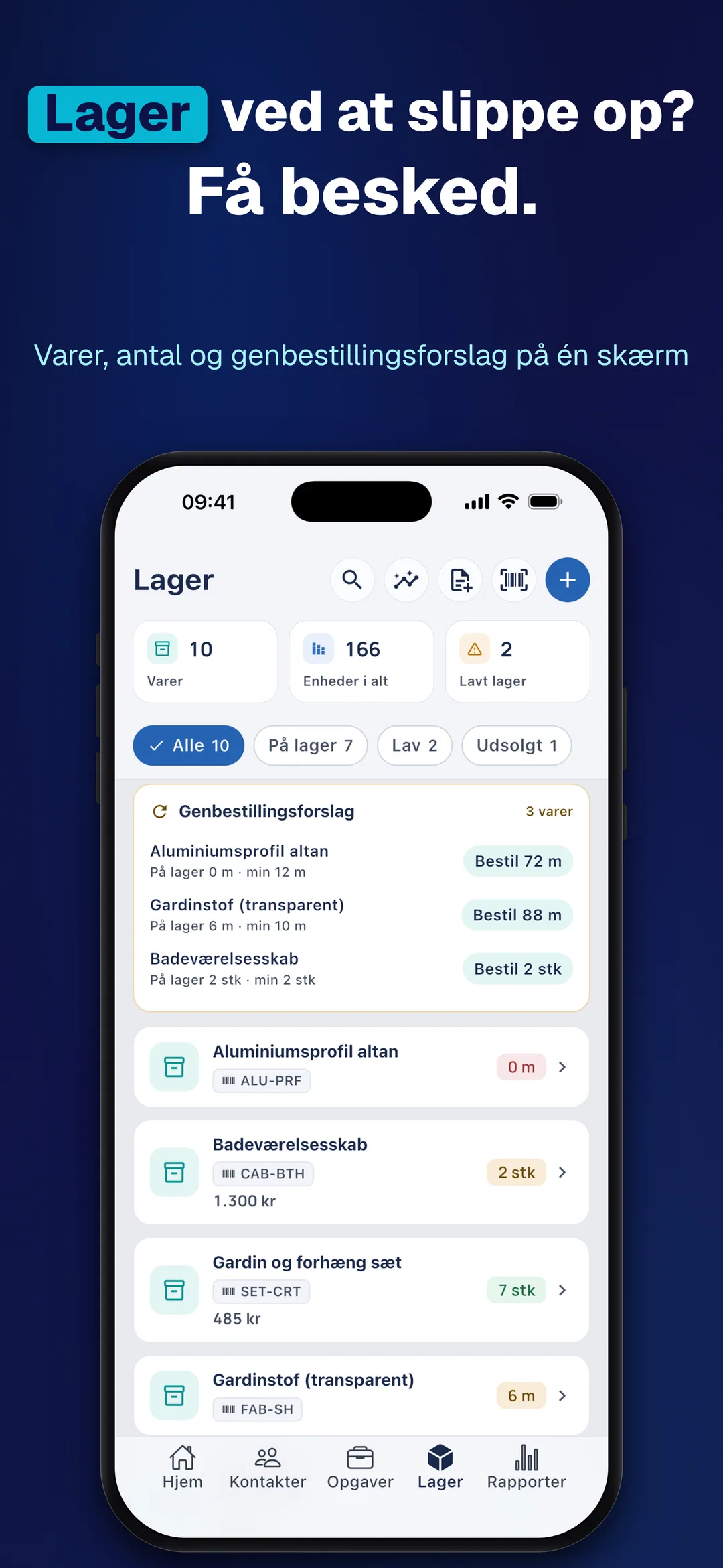 DueTab: Kassebog & Kunder — Lager ved at slippe op? Få besked.
