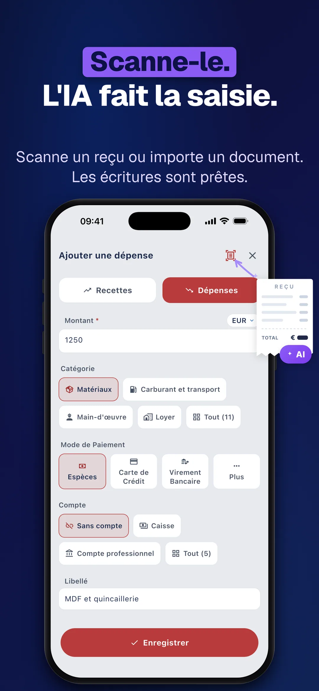 DueTab: Carnet de caisse — Scanne-le. L'IA fait la saisie.