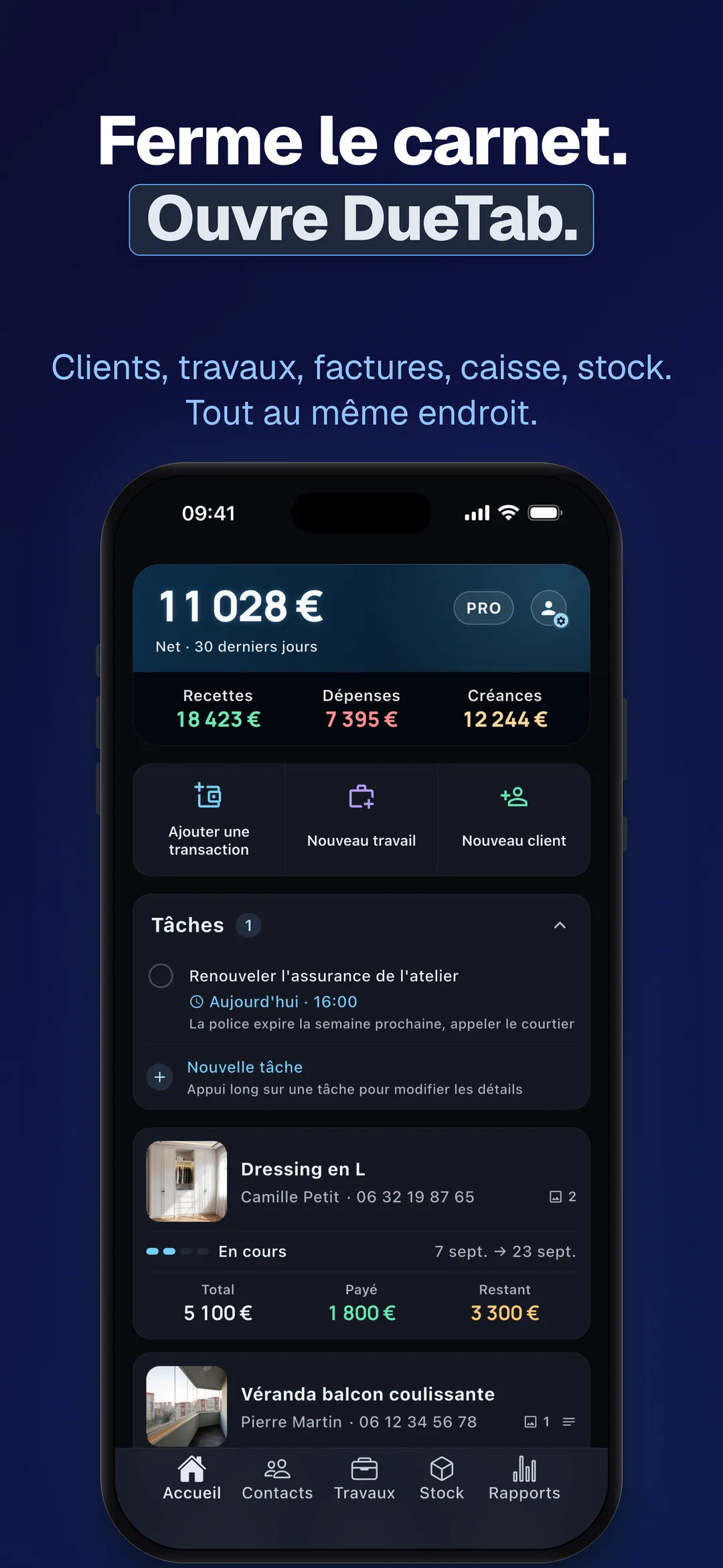 DueTab: Carnet de caisse — Ferme le carnet. Ouvre DueTab.