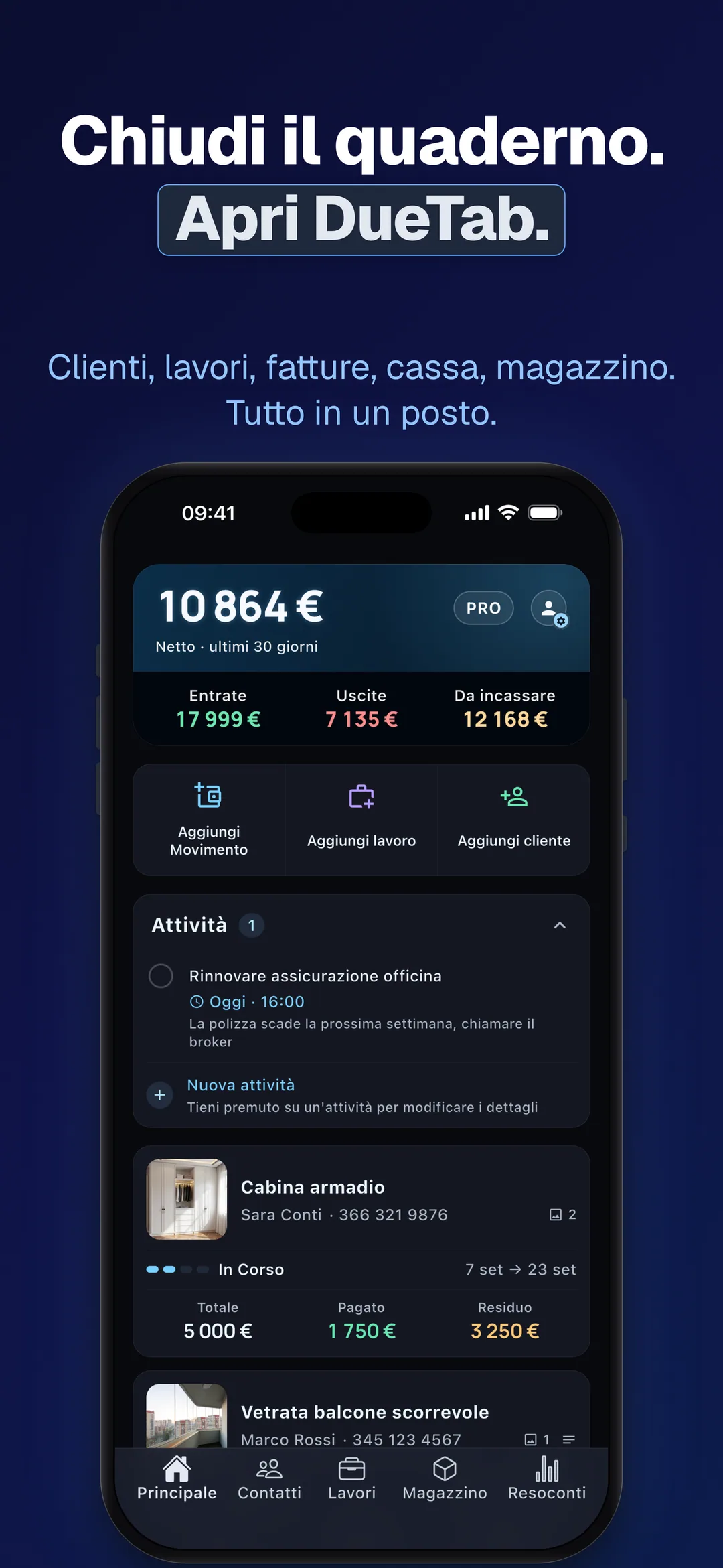 DueTab: Conto Clienti — Chiudi il quaderno. Apri DueTab.