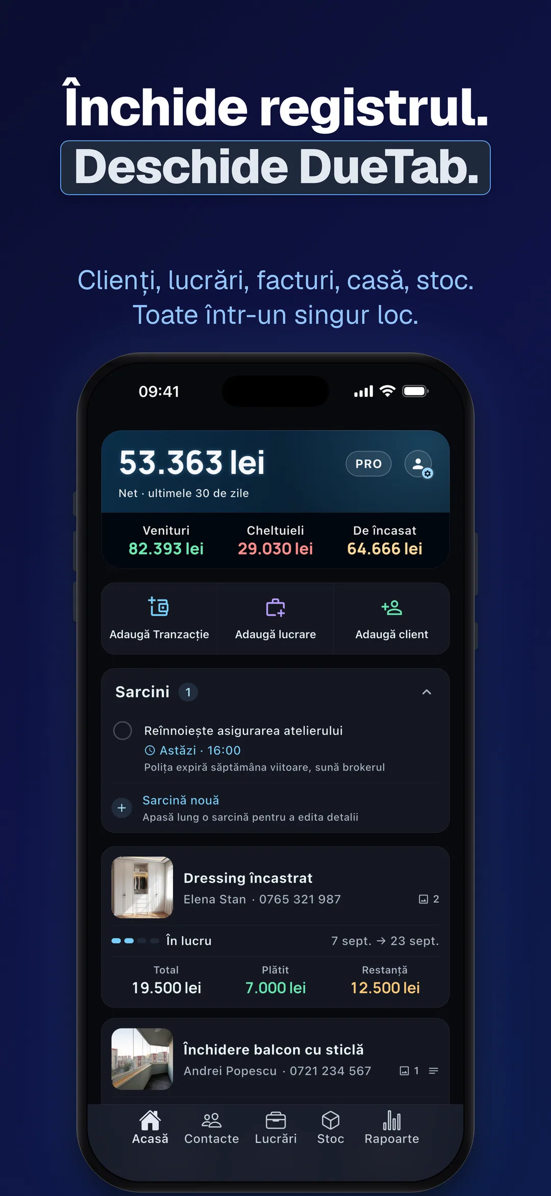 DueTab: Caiet Clienți & Bani — Închide registrul. Deschide DueTab.