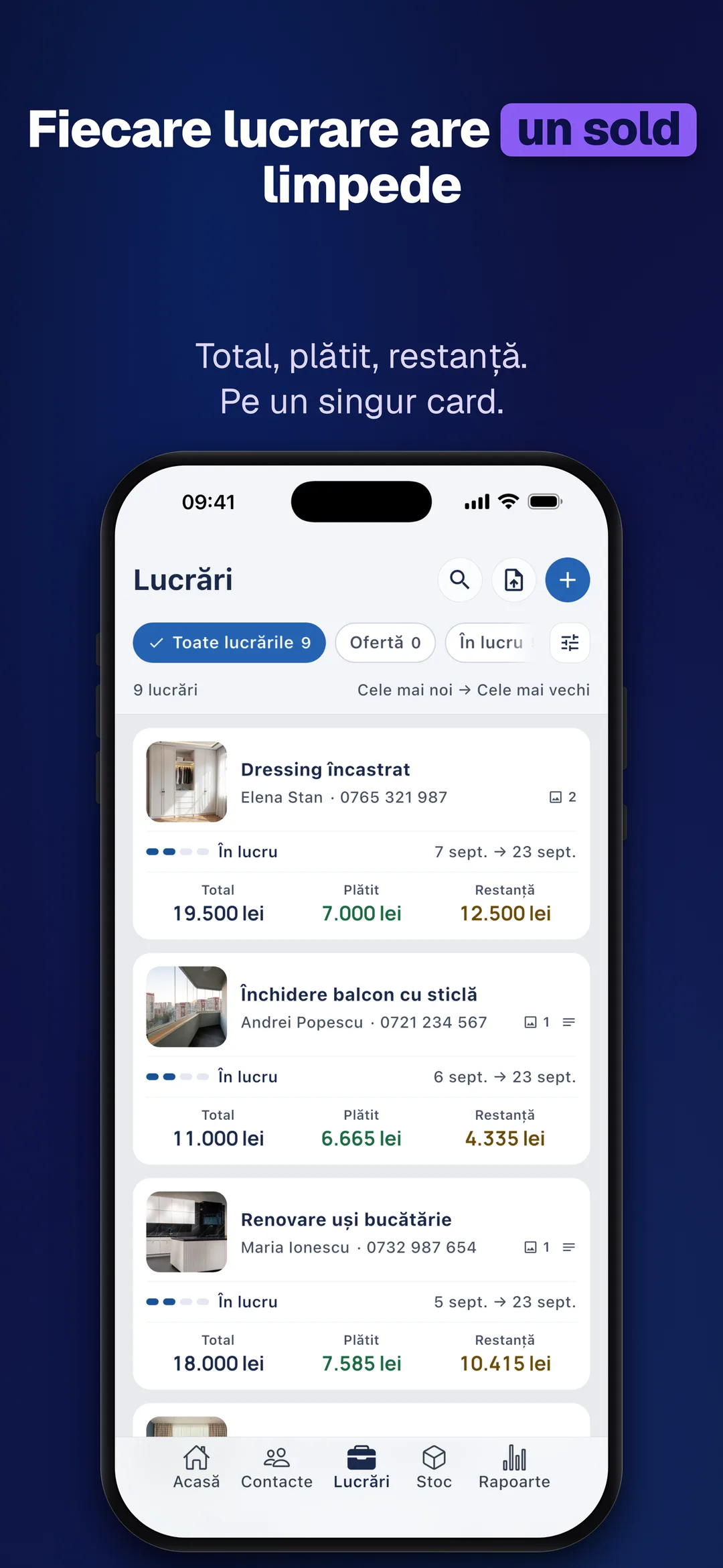 DueTab: Caiet Clienți & Bani — Fiecare lucrare are un sold limpede