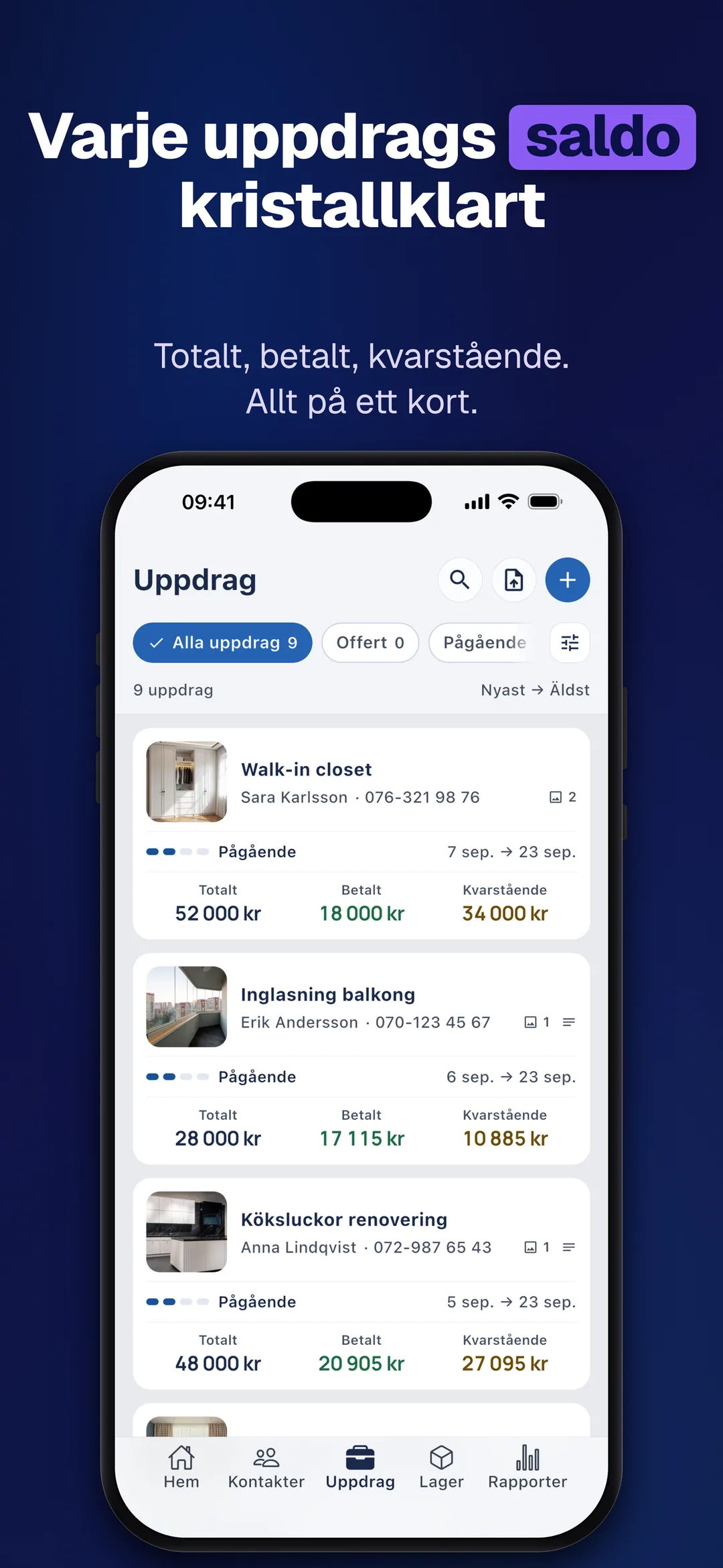 DueTab: Kassabok & Jobb — Varje uppdrags saldo kristallklart