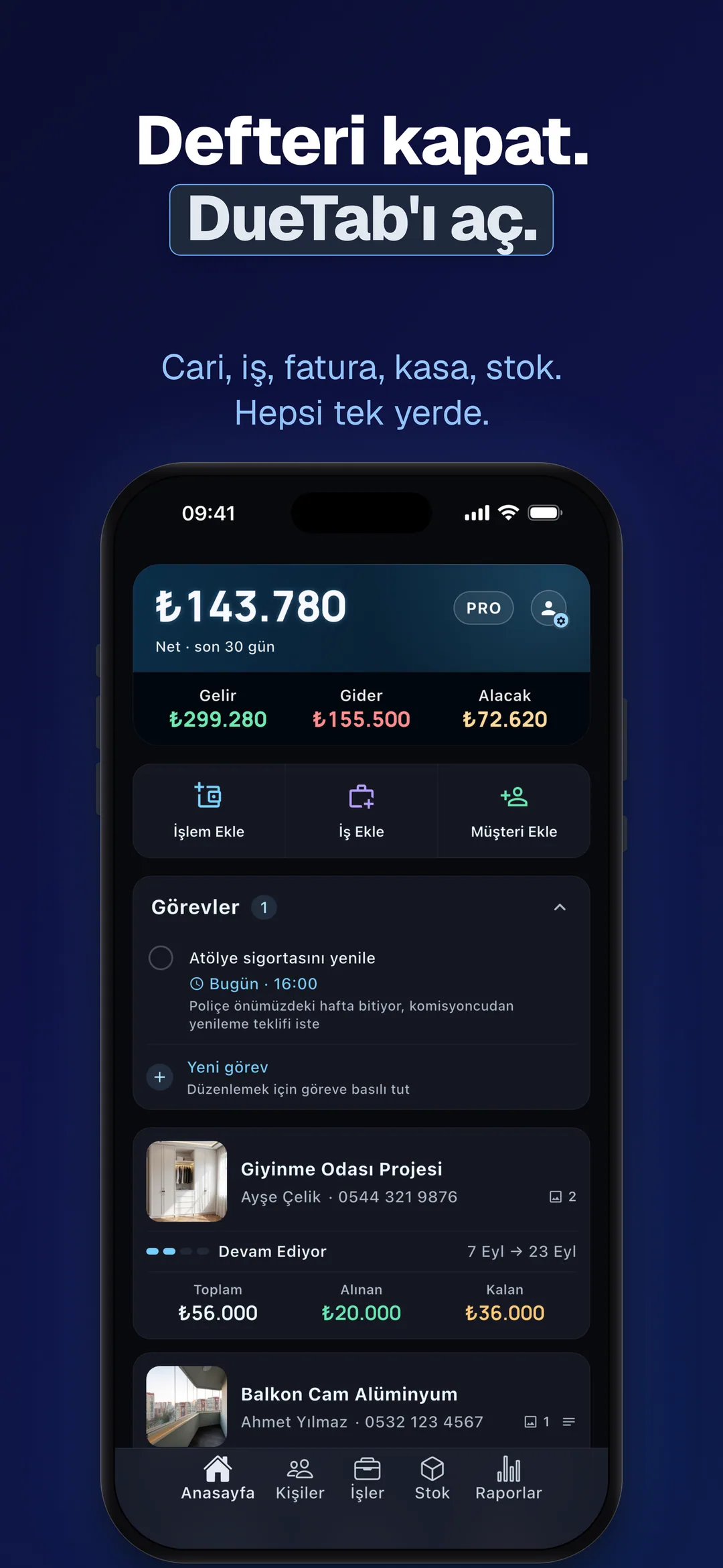 DueTab: Cari Hesap Takip — Defteri kapat. DueTab'ı aç.