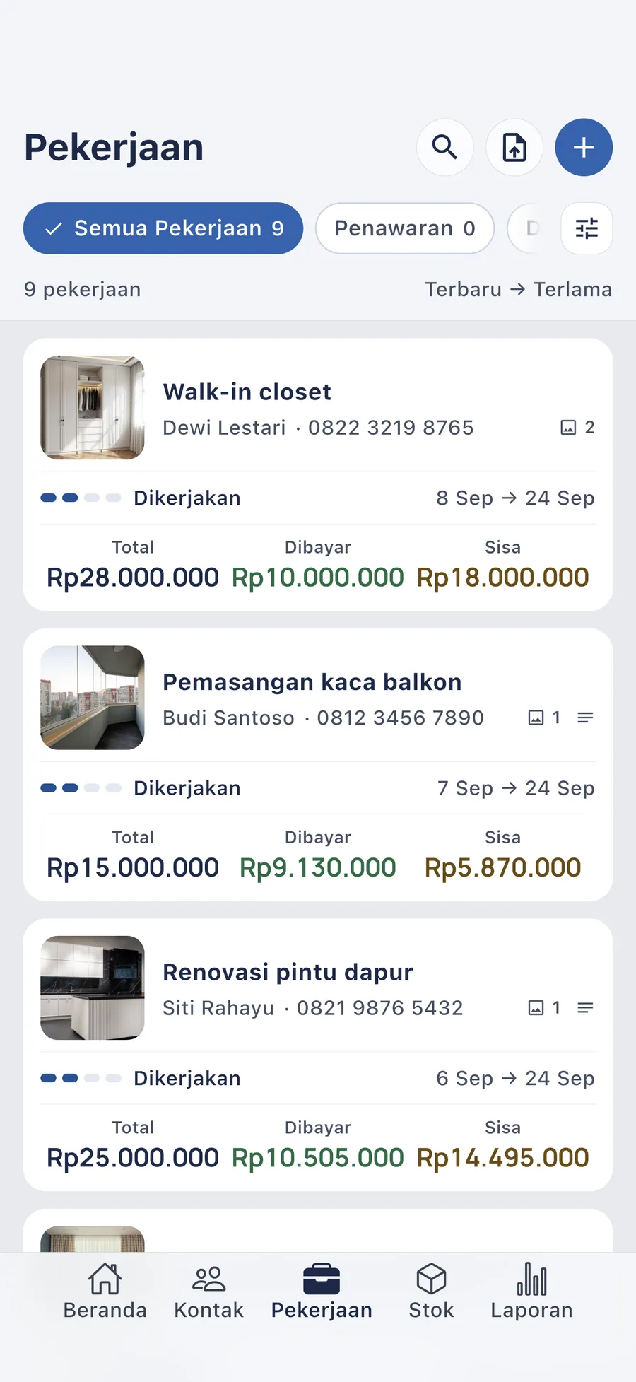 DueTab: Buku Utang & Kas — Setiap pekerjaan saldonya jelas terlihat