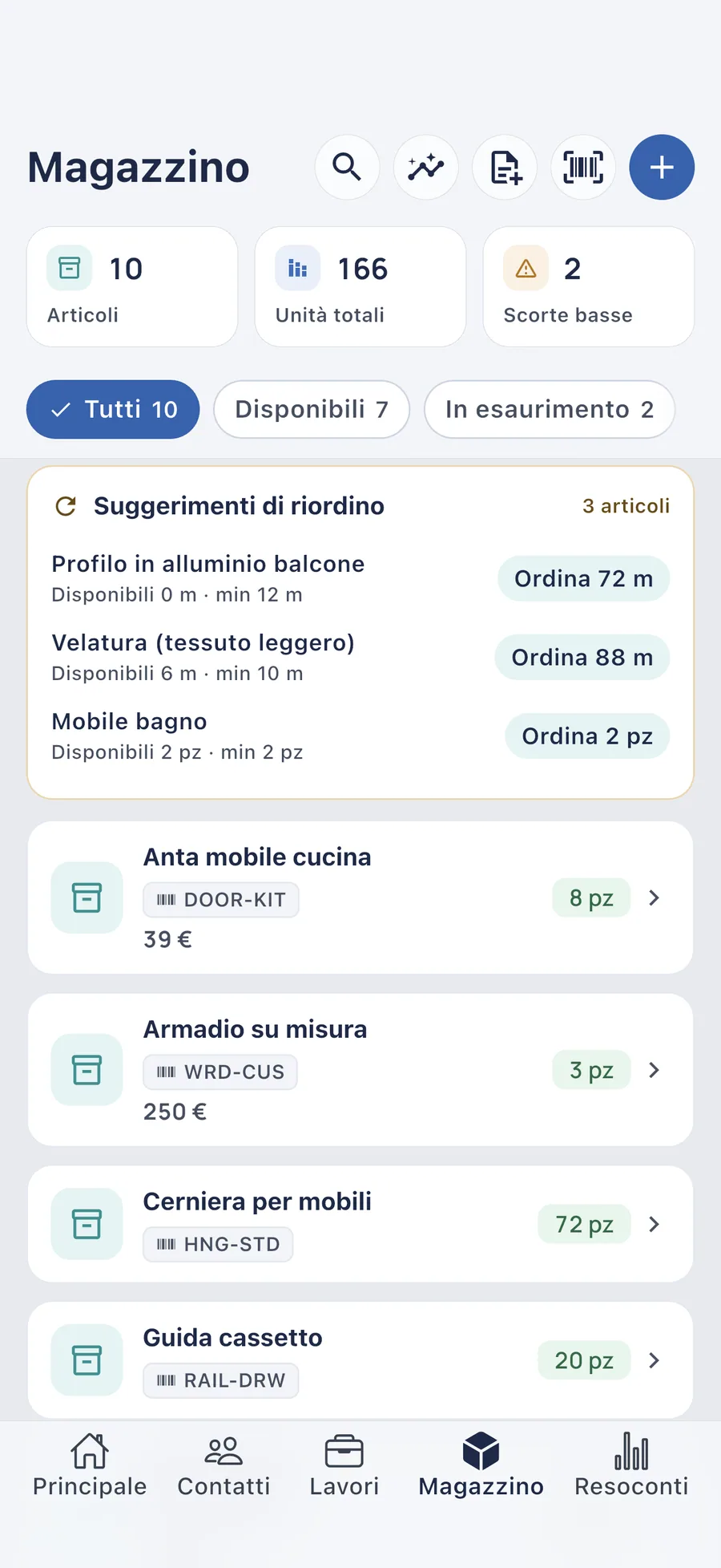 DueTab: Conto Clienti — Magazzino sta finendo? Lo sai prima