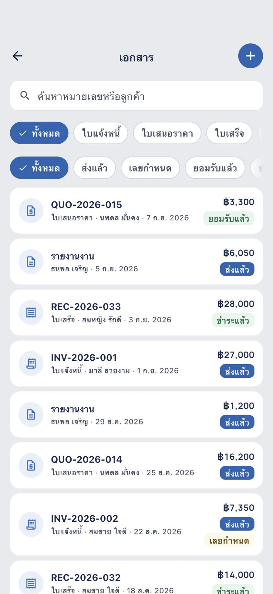 DueTab: สมุดบัญชีลูกหนี้ — ใบแจ้งหนี้ ของจริง เลขที่จริงทุกใบ
