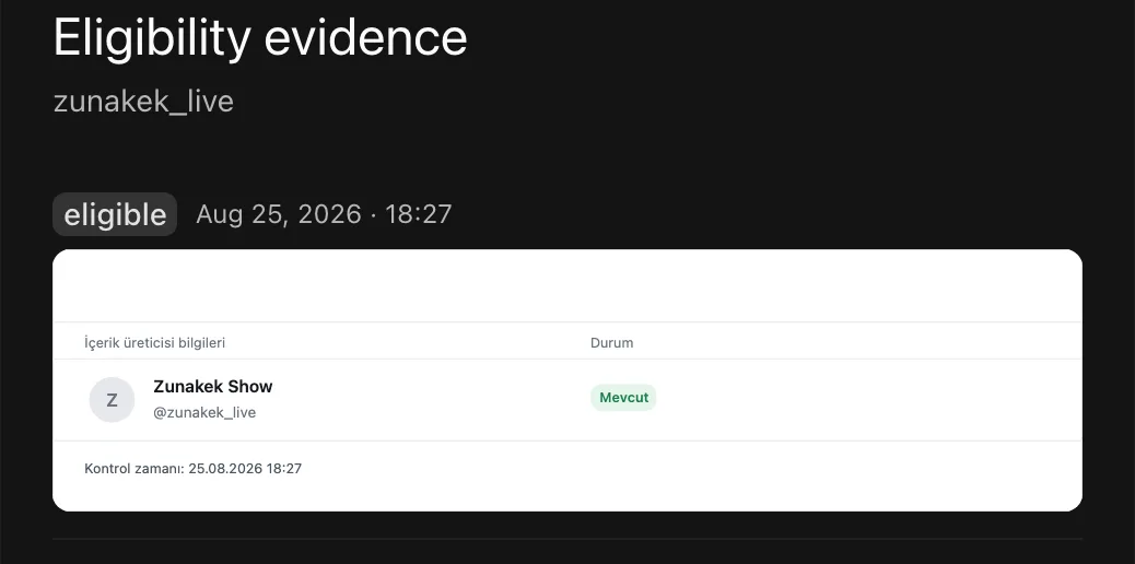 TT Panel eligibility proof: a record with the check time and status