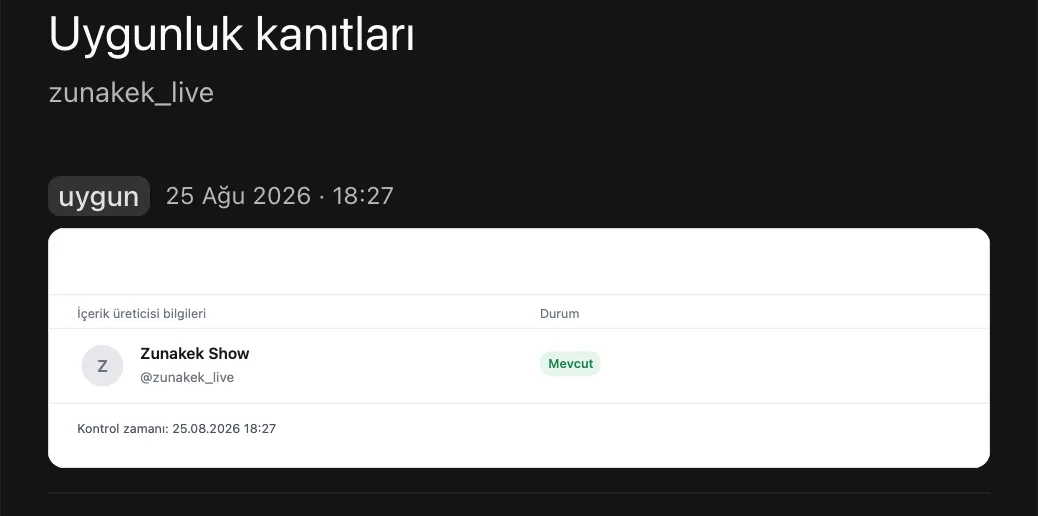 TT Panel uygunluk kanıtı: kontrol zamanı ve durum bilgisiyle kayıt